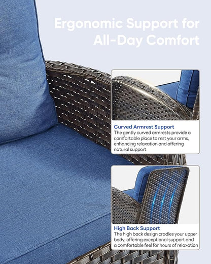 6 Pieces Patio Wicker Furniture Set-Outdoor Swivel Chairs Set of 2 Outdoor Glider Love seat with Outdoor Footstool Patio Furniture for Deck Porch Garden Balcony Poolside-Brown/Blue