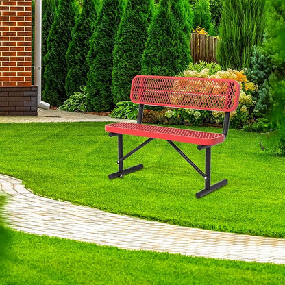 4 Ft Metal Park Bench for Outside, All-Weather Thermoplastic Coating Outdoor Bench with Backrest, Commercial Heavy Duty Benches for Shopping Malls, Stores, Parks, Patios, Decks, Red