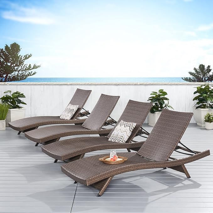 Christopher Knight Home Thira Outdoor Wicker Chaise Lounges with Aluminum Frame, 4-Pcs Set, Mix Mocha
