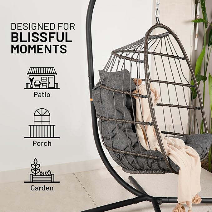 SereneLife Egg Chair with Stand – Hanging Rattan Wicker Swing for Indoor Outdoor Use – 350 lbs Capacity, Breathable Cushion & Headrest – Patio, Balcony, Porch, Bedroom Lounge Furniture