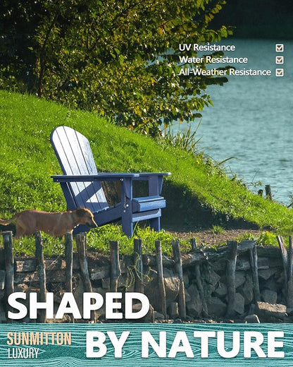 Outdoor Folding Adirondack Chair Set of 1 for Patio Fire Pit, Wooden Textured HDPE Adjustable Chairs with Cup Holder, Waterproof All Weather Resistant Plastic for Pool Lawn Garden Backyard(NavyBlue)