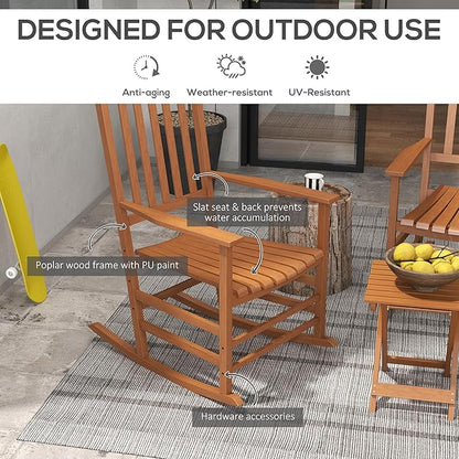 Outsunny Outdoor Rocking Chair Set of 2 with Side Table, Patio Wooden Rocking Chair with Smooth Armrests, High Back for Garden, Balcony, Porch, Supports Up to 352 lbs, Teak