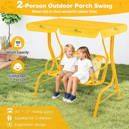 KOTEK Kids Patio Swing, 2-Seater Outdoor Hanging Bench with Adjustable Canopy, Safety Belt & Curved Armrest, Kids Swing Chair with Stand for Backyard, Garden, Lawn, Porch (Yellow Alligator)