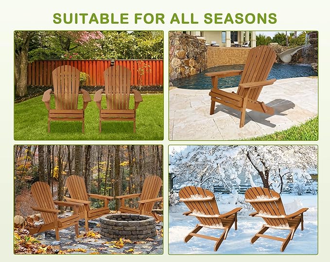 Foldable Adirondack Chairs, All-Weather Lawn & Patio Chairs with Wide Armrests, Solid Wood Outdoor Chairs - 350 Lbs - Photo 7