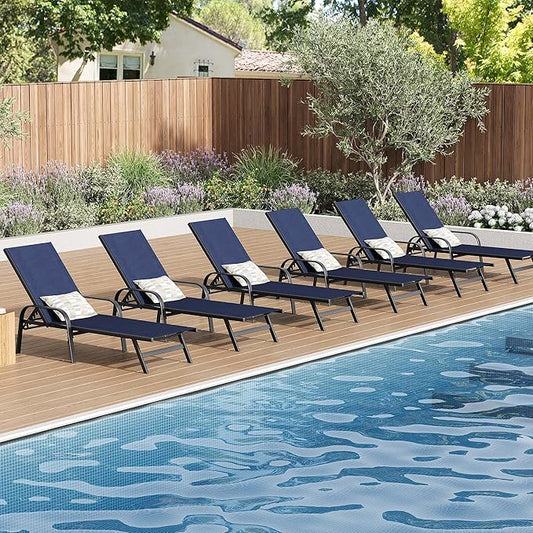 Outdoor Lounge Chair, Adjustable Patio Reclining Chaise with Textilene Fabric, Pool Lounge Chair with 5-Position Backrest for Patio, Garden, Poolside & Balcony,Navy Blue Set of 6