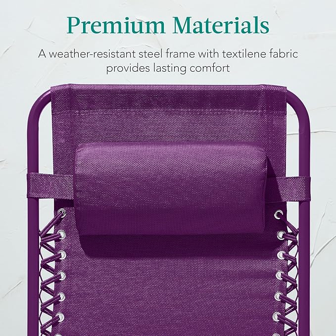 Best Choice Products Adjustable Zero Gravity Chair, Monochromatic Color Folding Patio Recliner w/Side Tray, Headrest - Amethyst