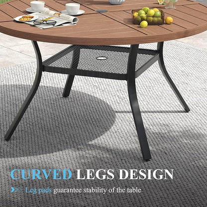 VICLLAX 47.2" Round Patio Table with Umbrella Hole, All Weather Metal Outdoor Dining Table for 6, Outside Table with Storage Shelf for Lawn Garden, Walnut Wood-Grain Finish