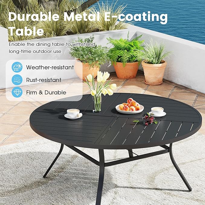 Patio Dining Table for 8-10, Round Metal Outdoor Table with Storage Shelf, 1.57" Umbrella Hole, 60" Outdoor Quartered Tabletop Dining Table for Backyard, Porch, Lawn, Black