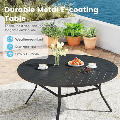 Patio Dining Table for 8-10, Round Metal Outdoor Table with Storage Shelf, 1.57" Umbrella Hole, 60" Outdoor Quartered Tabletop Dining Table for Backyard, Porch, Lawn, Black