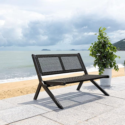 SAFAVIEH Outdoor Collection Kobina Black Acacia Wood/Black Rope Foldable Bench