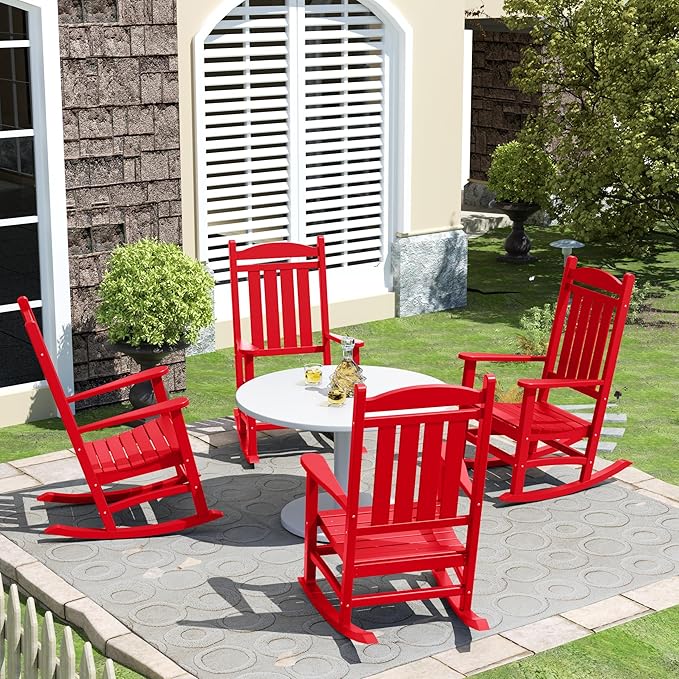 Costaelm Oversized Outdoor Rocking Chair, High Back Porch Rocker Chair, HDPE All Weather Resistant Outdoor Seating Furniture Wide Rocker Chair for Patio, Lawn, Garden, Red