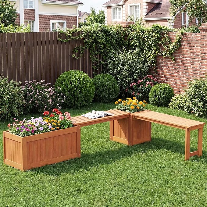 Outdoor Planter Bench with Box, 2 in 1 Wooden Flower Box Kit with Seat, Open-Ended Base & Slotted Construction, Raised Garden Bed for Garden, Yard, Balcony