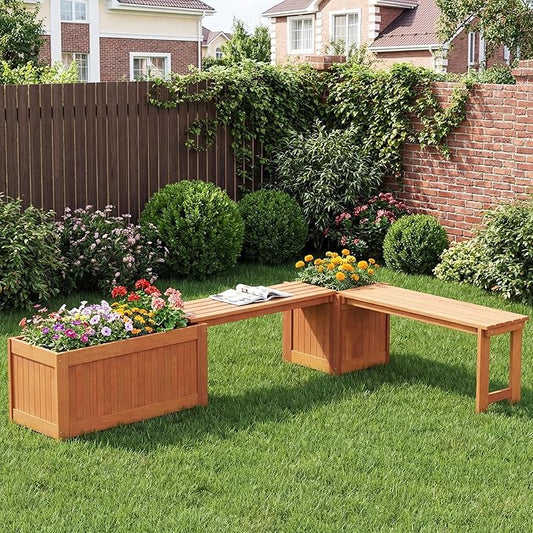 Outdoor Planter Bench with Box, 2 in 1 Wooden Flower Box Kit with Seat, Open-Ended Base & Slotted Construction, Raised Garden Bed for Garden, Yard, Balcony