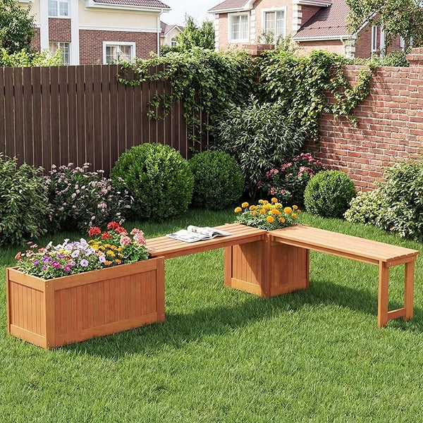 Outdoor Planter Bench with Box, 2 in 1 Wooden Flower Box Kit with Seat, Open-Ended Base & Slotted Construction, Raised Garden Bed for Garden, Yard, Balcony