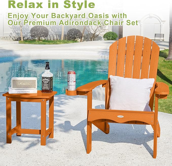 Y&M Adirondack Chair Set of 4, Orange Fire Pit Chairs, Outdoor Patio Chairs with Cup Holder, Weather Resistant HDPE Wooden Textured Patio Chairs, Perfect for Garden, Lawn, Deck, or Poolside