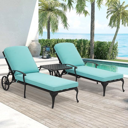 Chaise Lounge Chair Outdoor- Patio Pool Chairs Tanning Lounges for Outside Beach Lounger Cast Aluminum Set of 2 Reclining Cyan with Side Table