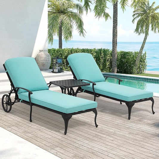 Chaise Lounge Chair Outdoor- Patio Pool Chairs Tanning Lounges for Outside Beach Lounger Cast Aluminum Set of 2 Reclining Cyan with Side Table