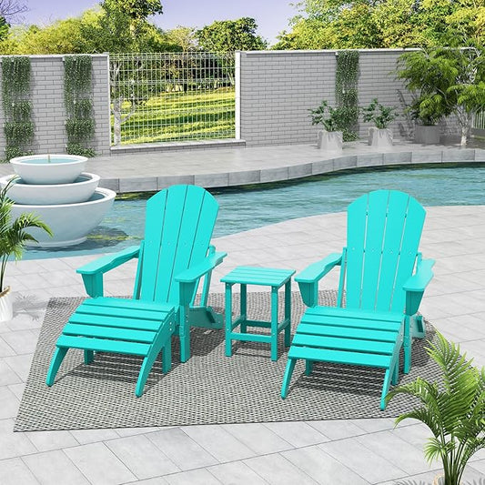 WestinTrends Malibu Outdoor Lounge Chairs Set, 5-Pieces Adirondack Chair Set of 2 with Ottoman and Side Table, All Weather Poly Lumber Patio Lawn Folding Chair for Outside, Turquoise