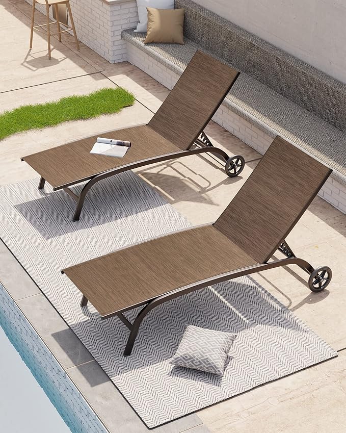 Crestlive Products Outdoor Chaise Lounge Chairs with Wheels Set of 2, Pool Lounge Chairs with 5 Adjustable Position for Patio, Poolside, Yard, Brown