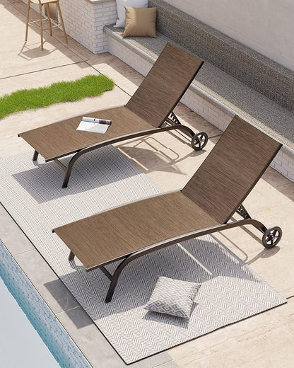 Crestlive Products Outdoor Chaise Lounge Chairs with Wheels Set of 2, Pool Lounge Chairs with 5 Adjustable Position for Patio, Poolside, Yard, Brown