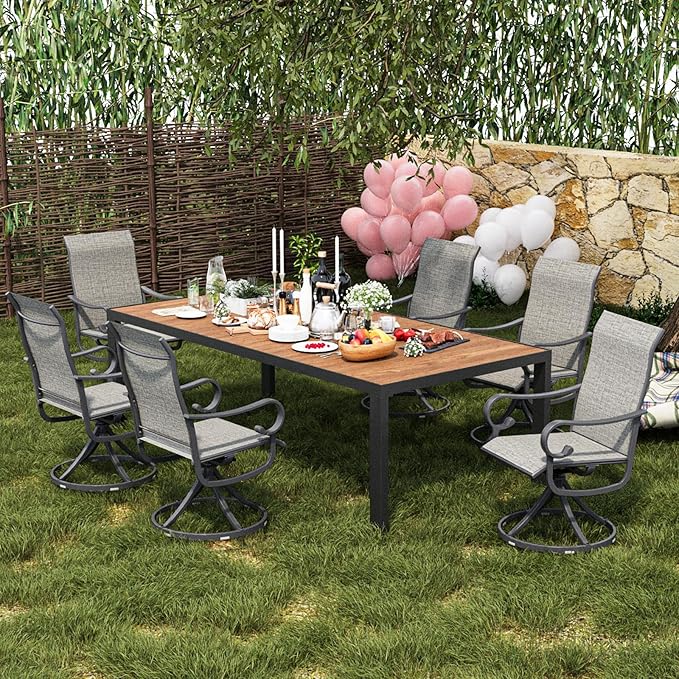 Patio Swivel Chairs Set of 6, Outdoor Dining Chairs with High Back, All-Weather Swivel Rocker Chair with Sturdy Metal Frame for Outdoor Poolside Lawn Garden, Grey