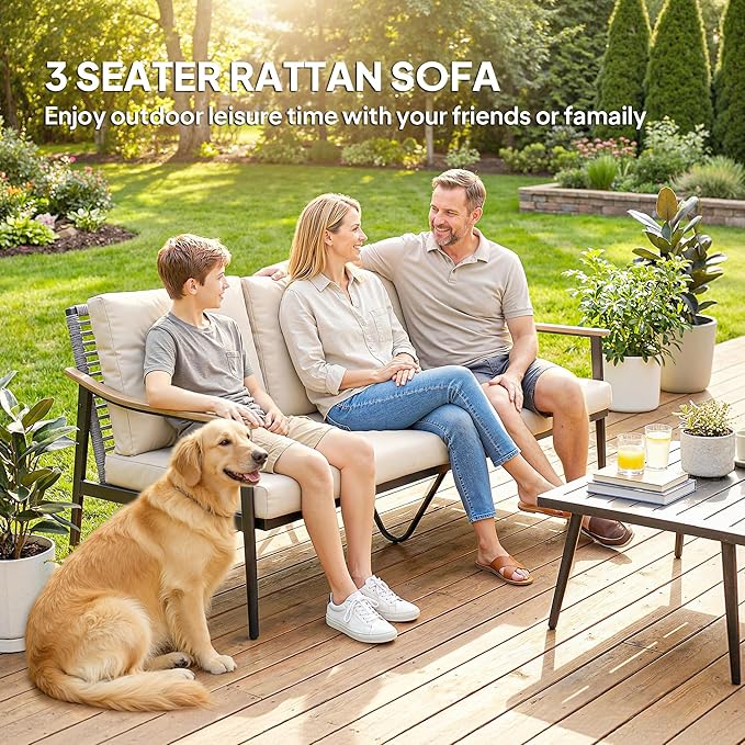 Outsunny Outdoor Patio Couch, 3 Seater Outdoor Sofa with Wood-Effect Armrests and Wicker Backrest, Outdoor Patio Furniture Couch with Cushions, Steel Frame for Porch, Garden, Backyard, Khaki | Removable covers