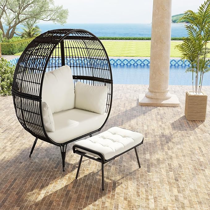 Tangkula Oversized Wicker Egg Chair with Ottoman, Patio Lounge Basket with 5 Soft Cushions, Stable Metal Frame, Gorgeous Indoor Outdoor Lounge Chair, Ideal for Living Room, Backyard, 450 LBS Max Load