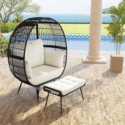 Tangkula Oversized Wicker Egg Chair with Ottoman, Patio Lounge Basket with 5 Soft Cushions, Stable Metal Frame, Gorgeous Indoor Outdoor Lounge Chair, Ideal for Living Room, Backyard, 450 LBS Max Load