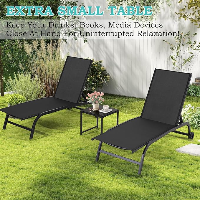 EROMMY Patio Chaise Lounge Chair Set of 2 with Table, Adjustable Backrest & Wheels - Photo 8