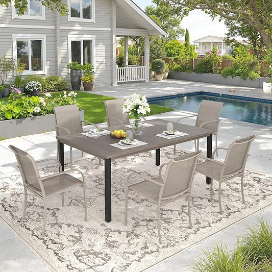 DIFY 63" Rectangle Outdoor Dining Table for 6, Slatted Metal Patio Table with Adjustable Umbrella Hole, All-Weather Patio Dining Table for Garden Backyard Deck, Grey Wood-Like Tabletop