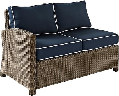 Crosley Furniture Bradenton Outdoor Sectional Left Side Loveseat, 2-Person Wicker Patio Couch for Deck, Brown with Navy Cushions