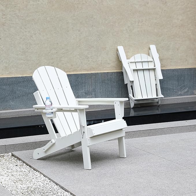 HDPE Folding Adirondack Chair with Cup Holder Outside, Composite Outdoor Chairs with Wood Texture, White - Photo 4