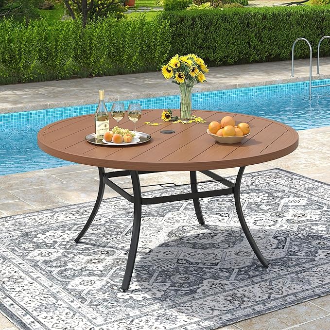 VICLLAX 50" Outdoor Round Patio Dining Table for 4-6, All Weather Metal Dining Table with Umbrella Hole for Deck Lawn Garden Backyard, Walnut