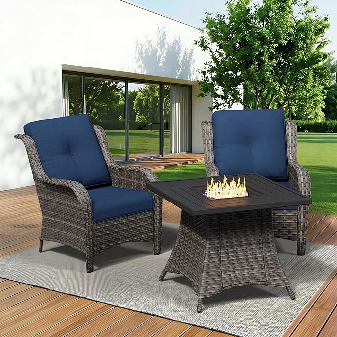 3 Pieces Outdoor Wicker Patio Furniture Set with Fire Pit Table, Patio Chair Set with Thickened Olefin Cushions - Photo 8