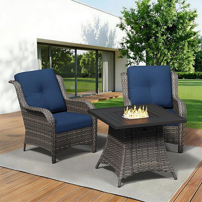 3 Pieces Outdoor Wicker Patio Furniture Set with Fire Pit Table, Patio Chair Set with Thickened Olefin Cushions, High Back and Deep Seating, Hand-Woven PE Rattan for Porch, Deck