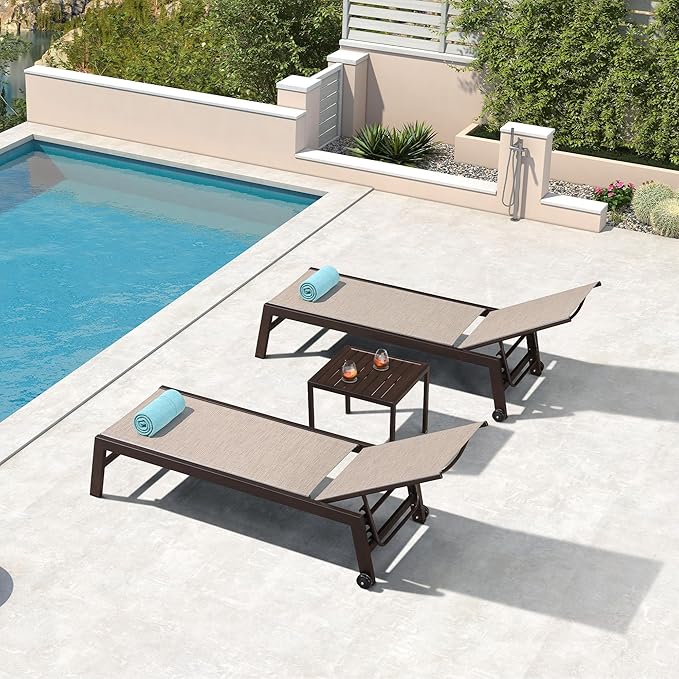 PURPLE LEAF Outdoor Chaise Lounge Chair Set of 2, Patio Pool Textilene Loungers with Adjustable Backrest and Wheels, Includes Side Table for Deck, Lawn, Garden, Beige