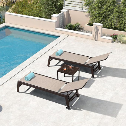 PURPLE LEAF Outdoor Chaise Lounge Chair Set of 2, Patio Pool Textilene Loungers with Adjustable Backrest and Wheels, Includes Side Table for Deck, Lawn, Garden, Beige