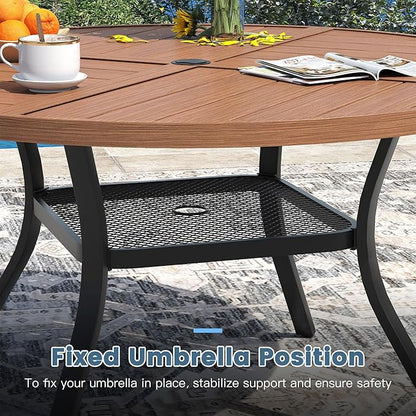 DIFY 40.6" Round Outdoor Patio Dining Table for 4, All-Weather Metal Steel Slatted Patio Table with 1.57" Adjustable Umbrella Hole, for Lawn Garden Porch Backyard, Walnut