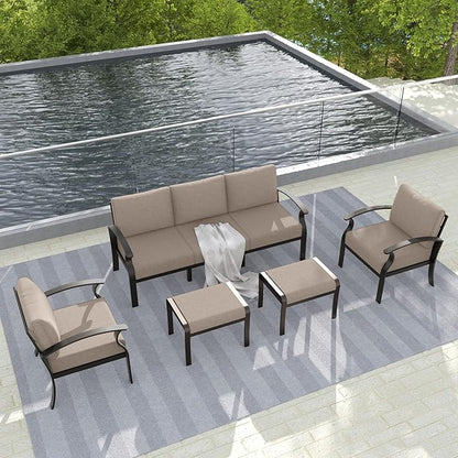 Gotland Aluminum Patio Furniture Set, Metal Outdoor Furniture with 2 Ottomans 5.1’’ High-Resilience Seat Cushions, 5 Piece Patio Set, Oversized Outdoor Sectional Patio Conversation Sets, Khaki
