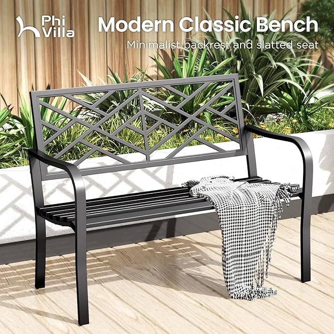 PHI VILLA 43 Inch Cast Iron Steel Frame Outdoor Garden Bench, Patio Furniture Chair Bench w/Line Pattern Design Backrest - Photo 3