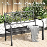 PHI VILLA 43 Inch Cast Iron Steel Frame Outdoor Garden Bench, Patio Furniture Chair Bench w/Line Pattern Design Backrest - Photo 3