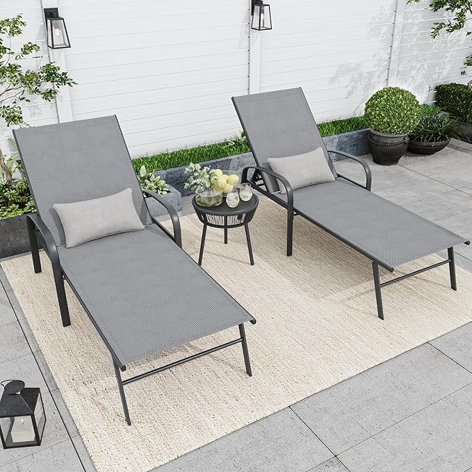 Outdoor Chaise Lounge Chair Adjustable Pool Lounge Chairs with Lumbar Pillow Outside Tanning Chairs for Beach Deck Backyard Lawn