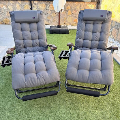PURPLE LEAF Extra Wide Outdoor Reclining Chair Set of 2 Patio Zero Gravity Chaise Lounge Folding Chair with Removable Cushion Adjustable Headrest for Lawn Camping Beach Pool Grey