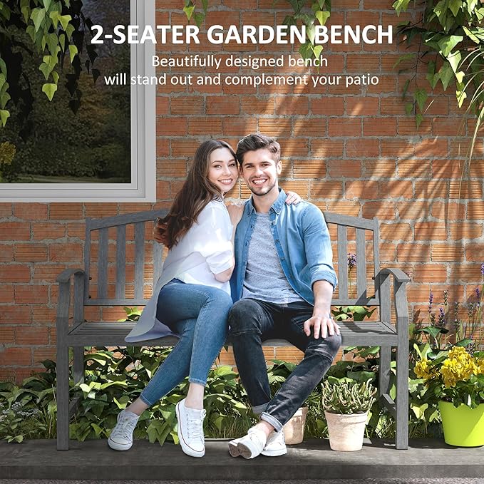46" Outdoor Garden Bench, Metal Bench, Wood Look Slatted Frame Furniture for Patio, Park, Porch, Lawn, Yard, Deck, Gray