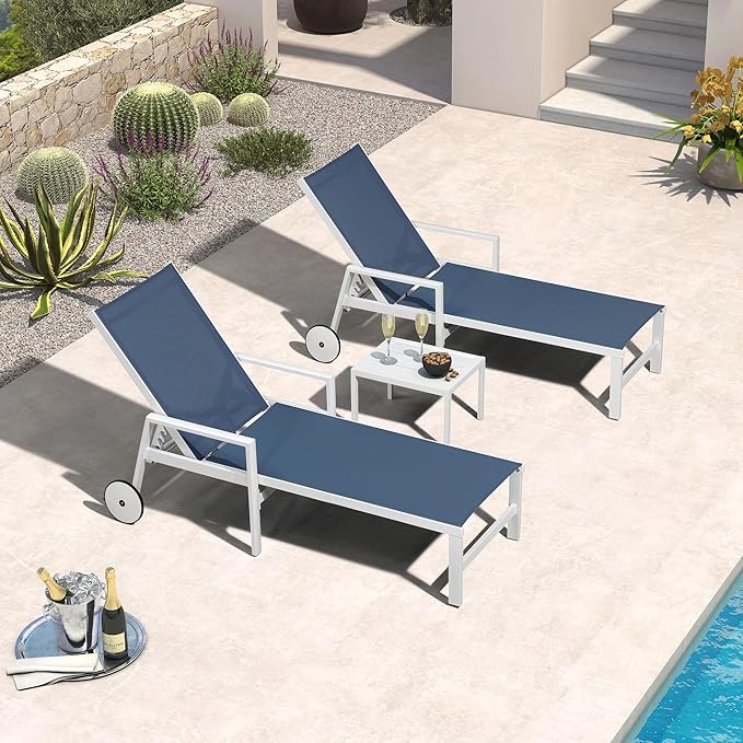 PURPLE LEAF Lounge Chair Outdoor Set 2 Pieces White Aluminum Chaise Lounge with Armrest and Wheels for Pool Deck Patio, Indigo