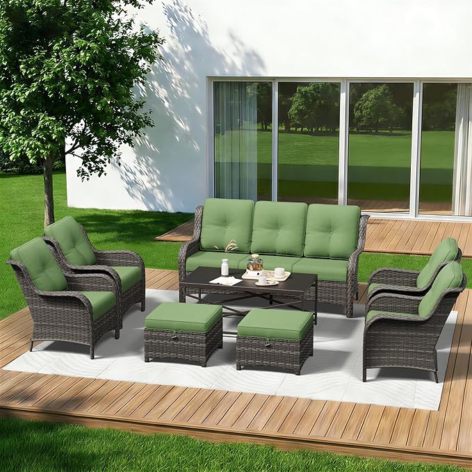 8 Piece Outdoor Wicker Patio Furniture Set, Patio Chairs Set with Thickened Olefin Cushions, High Back and Deep Seating, Hand-Woven PE Rattan, Ottoman for Porch, Deck
