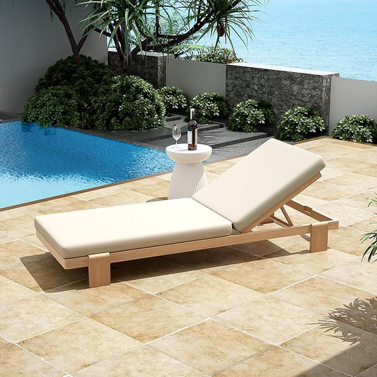 Christopher Knight Home Duska Acacia Wood Chaise Lounge Chair Outdoor, Patio Outdoor Chaise Lounge with Cushions, Adjustable Backrest Single Lounge Sofa, Poolside Seating, Teak+Beige