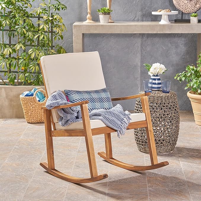 Outdoor Rocking Chair with Armrests and Cushions, Acacia Wood Structure, for Garden, Patio or Balcony, Teak - Photo 3