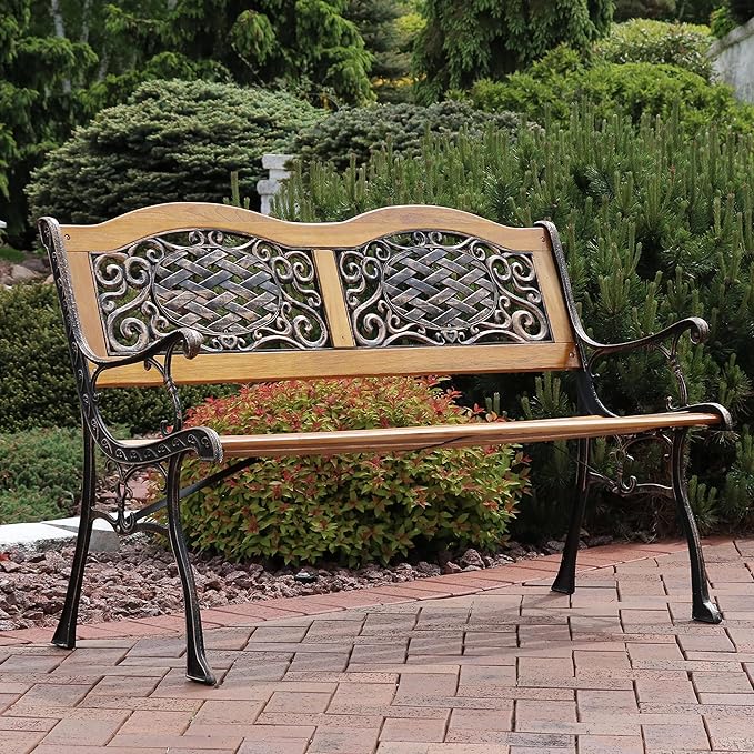 Sunnydaze 49-Inch Cast Iron and Wood 2-Person Garden Bench with Ivy Crossweave Design - 485-Pound Weight Capacity