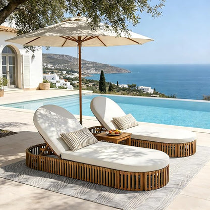 Merax Acacia Wood Chaise Lounge Set of 2 with Curved Cushion, Outdoor Sun Lounger for Patio, Poolside and Garden, Teak Finish Wood Recliner, 80.8" L, Supports 300 lbs, Cream